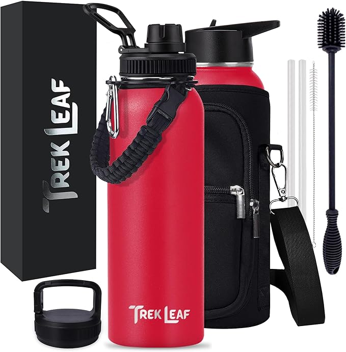 Travel Water Bottle with Carrying Bag, 3 Lids (Spout, Straw, Handle), and Bottle Brush; Leak Proof, Quality, Vacuum Insulated, Stainless Steel (Red, 40 oz)