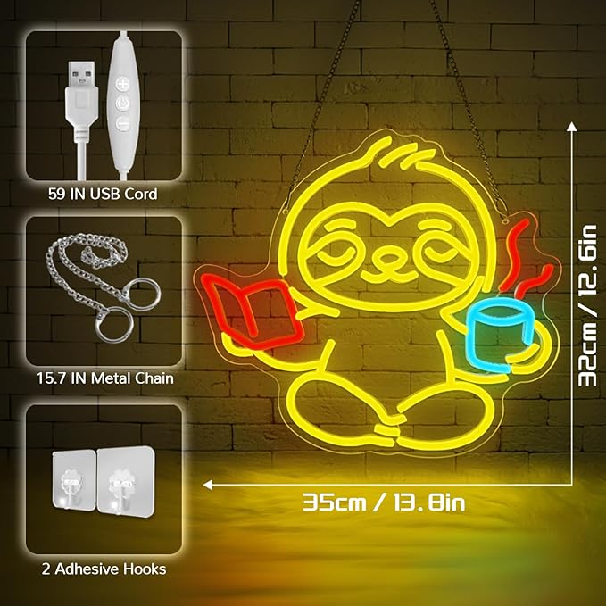 Sloth Neon Sign,Classroom Neon SIign,Neon Sign for Classroom,LED Light Up Reading Coffee Sign for Bedroom,Living Room,Home Office,Kids Room,Cute Animal Neon Wall Art for Book Lovers