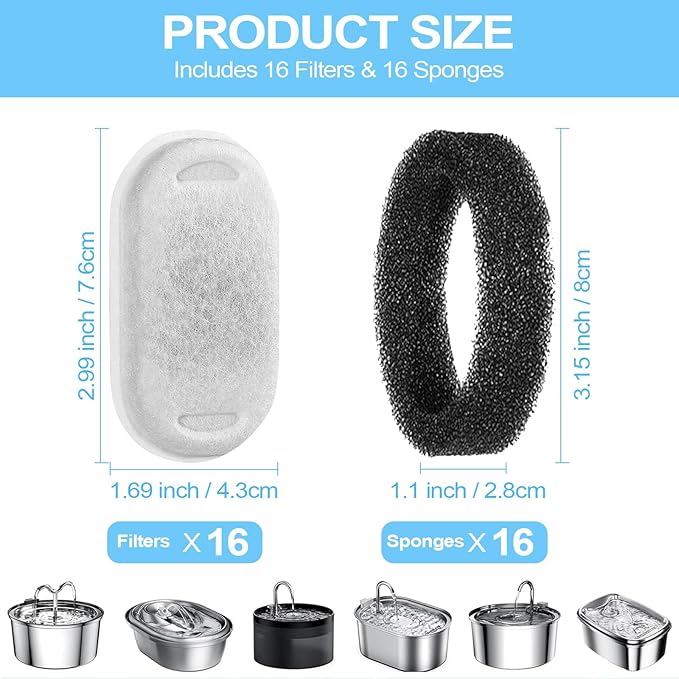 Cat Water Fountain Filters, 12 Pack Replacement Filters & Pre-Filter Sponges for 3.2L/108Oz & 67oz/2L Stainless Steel Pet Fountain, Carbon Filters for Automatic Cat Water Dispenser Water