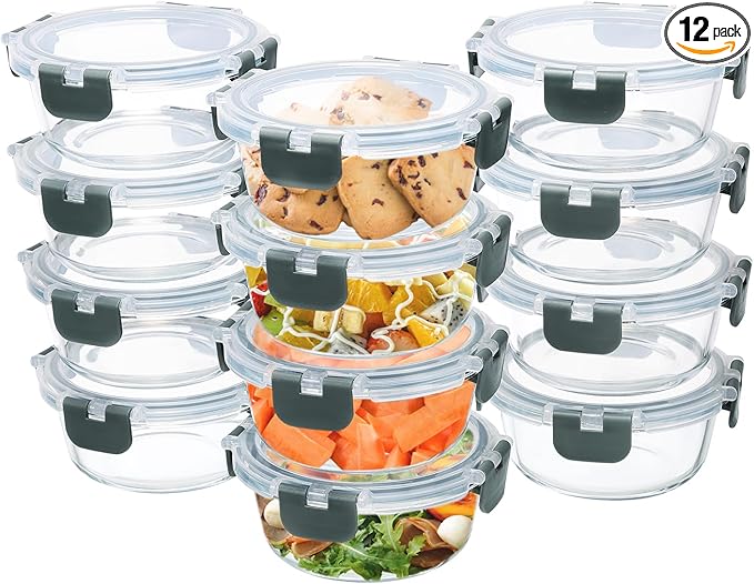 12 Pack Small Glass Food Storage Containers with Lids Airtight, 13oz Leak-Proof Meal Prep Containers Set, Freezer to Microwave Safe, Dishwasher Safe-FlexoryFit