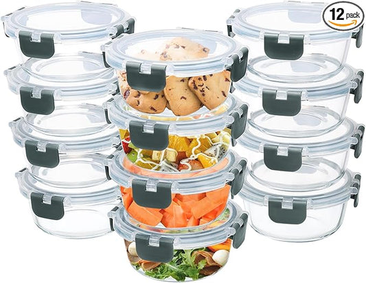 12 Pack Small Glass Food Storage Containers with Lids Airtight, 13oz Leak-Proof Meal Prep Containers Set, Freezer to Microwave Safe, Dishwasher Safe-FlexoryFit