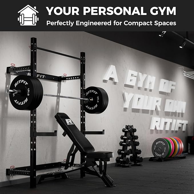 RitFit Multi-Functional Folding Squat Rack for Home Gym, 2.36'' x 2.36'' Wall Mounted Squat Rack with Attachments - Space Saving Squat Power Rack-FlexoryFit