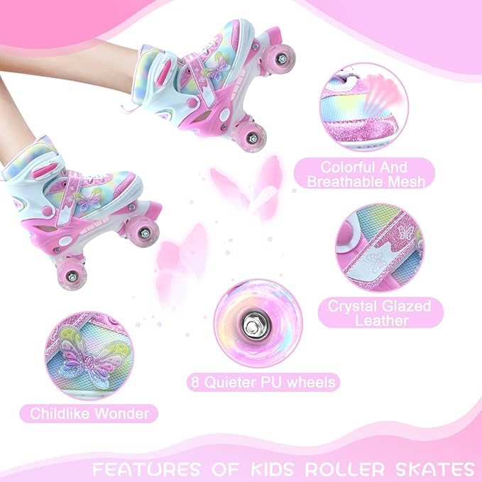 Kids Roller Skates for Girls-Outdoor 4 Size Adjustable Butterfly Quad Rollerskates for Indoor Ages 3-12 Years Beginners Children's Birthday Gift with Light Up Wheels patines para niñas Indoor-FlexoryFit