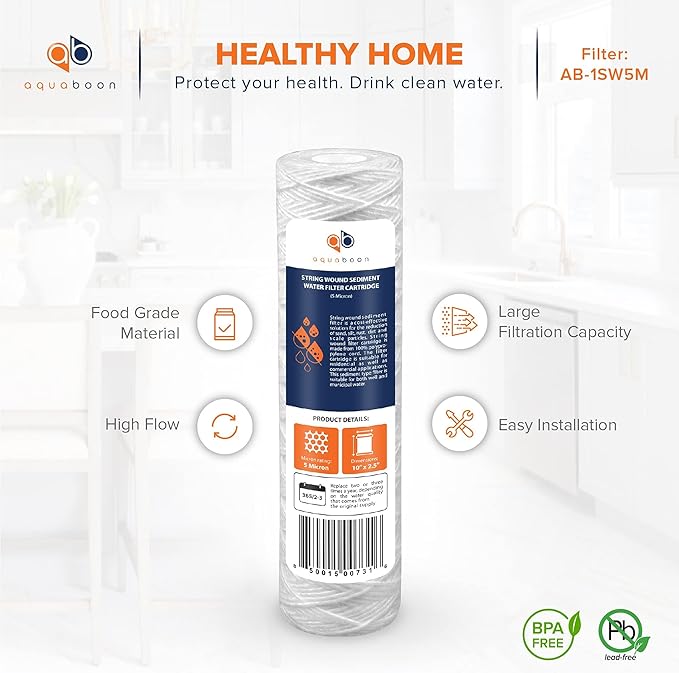 Aquaboon Whole House 5 Micron 10 x 2.5 String Wound Sediment Water Filter Cartridge Replacement Compatible with Well Water Filter WHKF-WHSW, 25-Pack