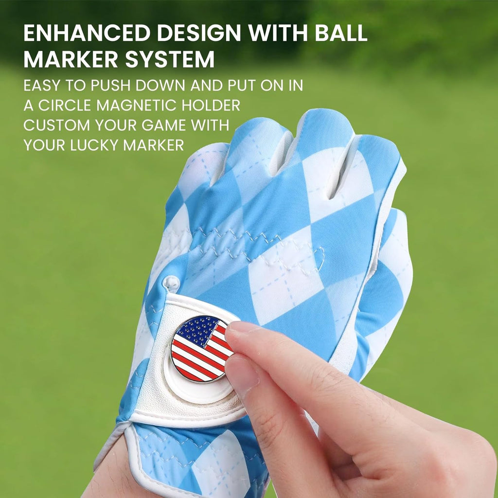 FINGER TEN Golf Gloves Men Left Hand Right with Ball Marker USA Flag Blue Camo Plaid Pack, Mens Leather Golf Glove All Weather Grip Small Medium ML Large XL