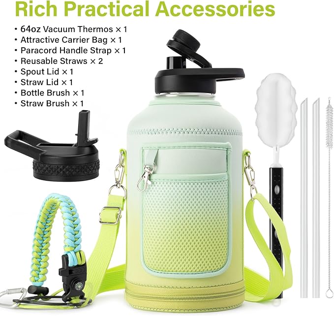 Insulated Water Bottle | Thickened Stainless Steel Vacuum Metal | Portable Sports Half Gallon Large Water Jug for Gym and Hiking with Straw, Carrier Bag, Handle Strap | BPA-Free 64 oz-FlexoryFit