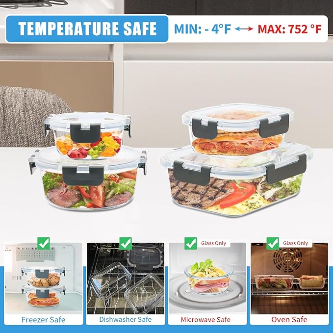 12 Pack Glass Food Storage Containers with Airtight Lids for Meal Prep, Leftover, BPA-Free, Leak-Proof, Freezer to Microwave Safe (12 Lids & 12 Containers)-FlexoryFit