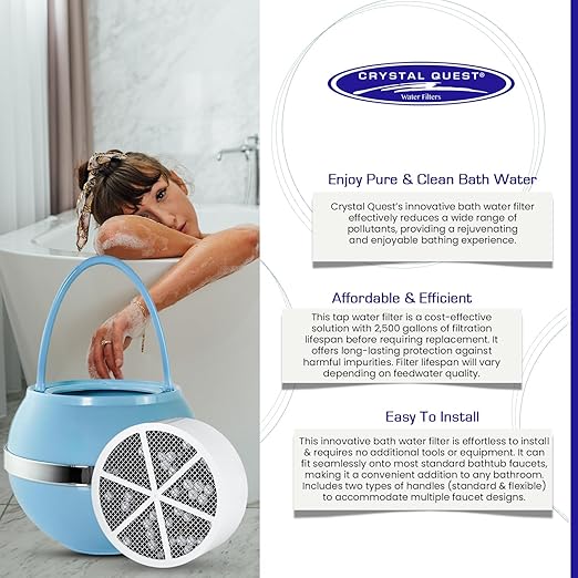Crystal Quest Bath Ball & Replacement Filter Cartridge Bundle - Water Filter System-Reduce Contaminants for Softer &Smoother Skin-Effortless & Quick Installation|Bundle and Save (Blue)