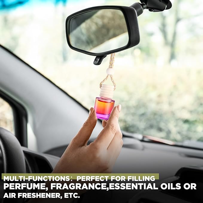 Domensi 70 Pieces Hanging Car Diffuser Air Freshener Bottle Bulk Empty Glass Refillable Perfume Bottles Oil Diffuser Aromatherapy Pendant for Auto Interior Ornaments Decor (Multicolor)