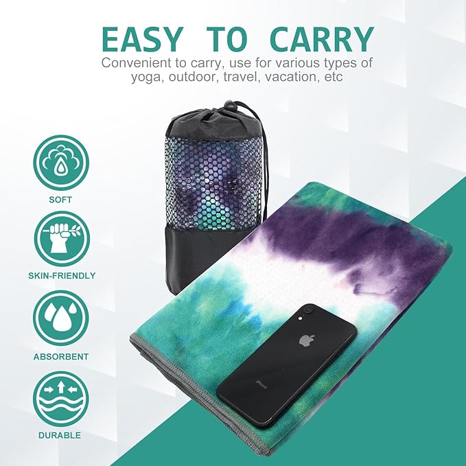 Eunzel Yoga Towel,Hot Yoga Mat Towel with Grip Dots Sweat Absorbent Non-Slip for Hot Yoga, Pilates and Workout 24" x72", Green & Purple-FlexoryFit