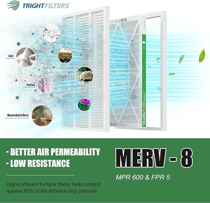 16x20x1 Air Filter 6 Pack, Durable MERV 8 Pleated Home HVAC AC Furnace Filters, Lightweight Compact Air Conditioner Filter Replacement