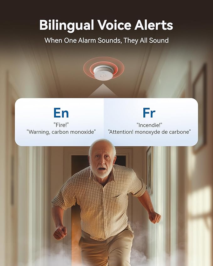 SITERWELL Smoke Detector Carbon Monoxide Detector Combo 10 Year Battery, Meets UL217-9th Standards, Reduced Nuisance Alarms, Smoke and Carbon Monoxide Detector with Bilingual Voice Alerts, 4 Pack