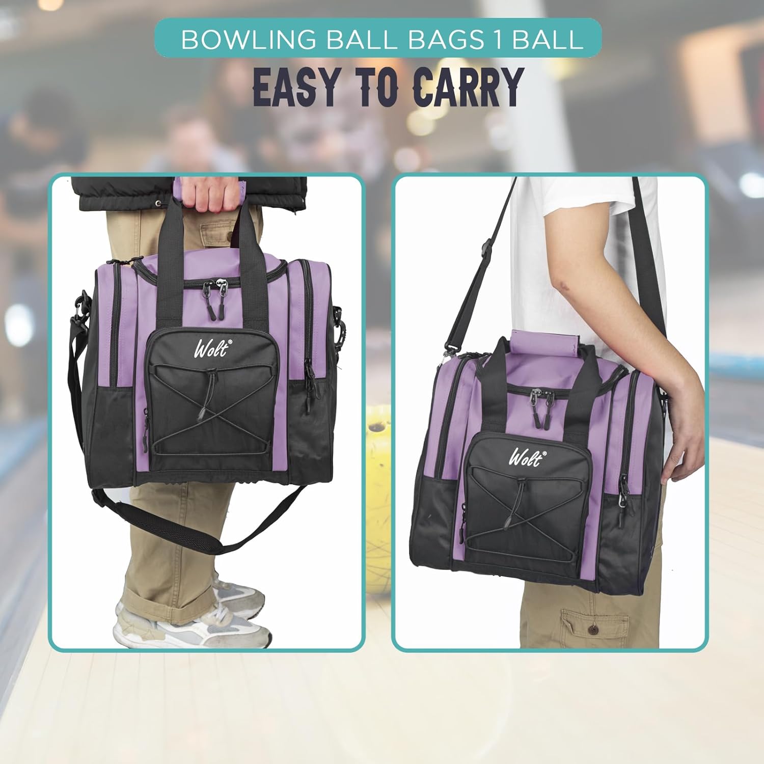 WOLT Bowling Ball Bag for Single Ball - Bowling Ball Tote Bag with Padded Ball Holder, 2 Pockets fit Bowling Shoes Up to Mens Size 14 and Accessories