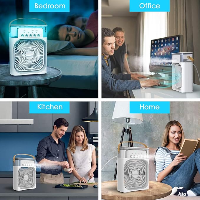 Portable Air Conditioner Fan, Mini Evaporative Air Cooler with 7 Colors LED Light, 1/2/3 H Timer, 3 Wind Speeds and 3 Spray Modes for Your Desk, Nightstand, or Coffee Table