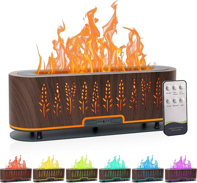 Essential Oil Diffusers, Flame Air Diffuser, 200ml Aromatherapy Diffuser with 2 Mist Mode 4 Timer Up & Waterless Auto-Off Protection for Bedroom Home, Office(Wheat-Dark Brown)