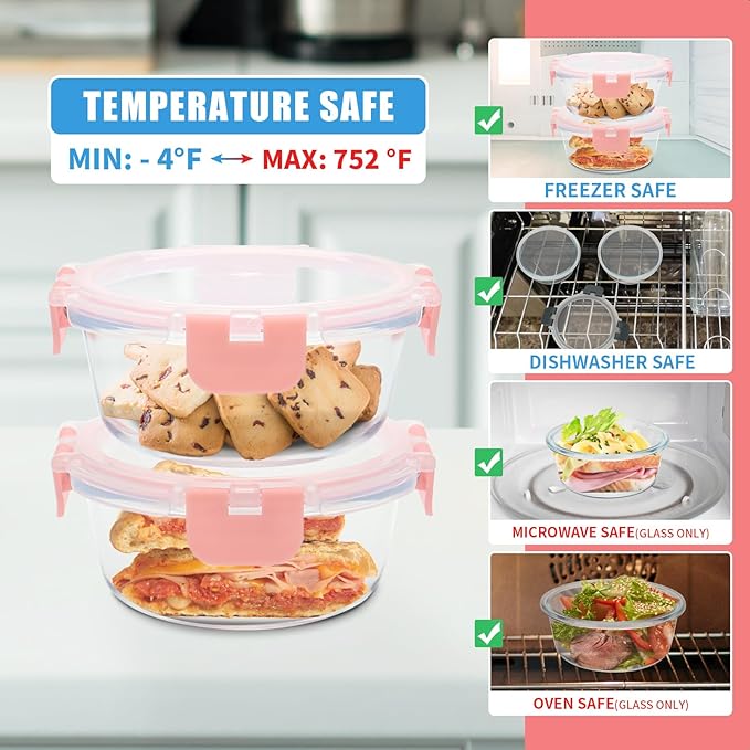 12 Pack 13oz Small Glass Food Storage Containers with Lids Airtight, Leak-Proof Round Meal Prep Containers Set, Freezer to Microwave Safe, Dishwasher Safe-FlexoryFit