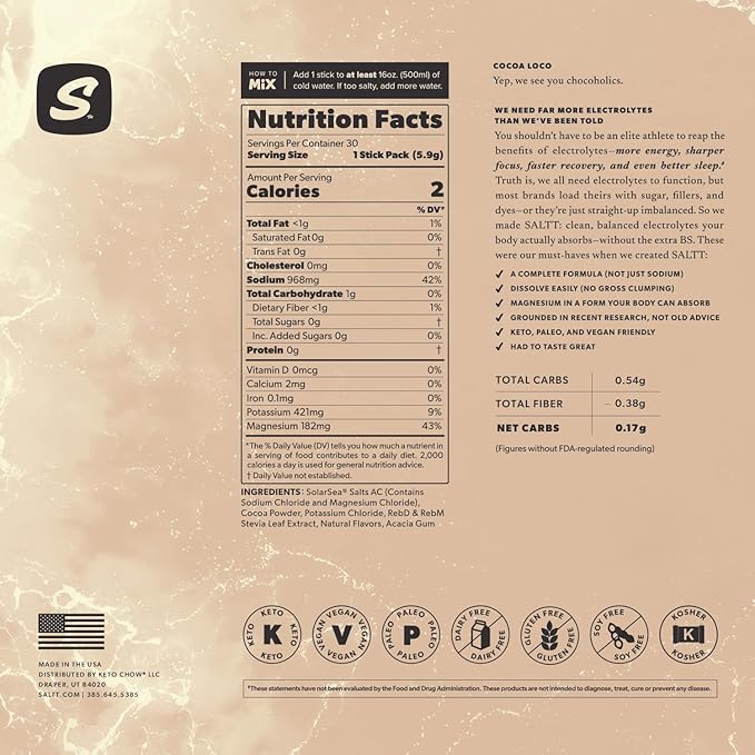 Keto Chow SALTT Electrolytes Powder Packets, Cocoa Loco (30 Hydration Packets) - Magnesium, Potassium, Sodium, Trace Minerals - Vegan, Gluten Free, Sugar Free - Travel Essentials - Made in USA-FlexoryFit