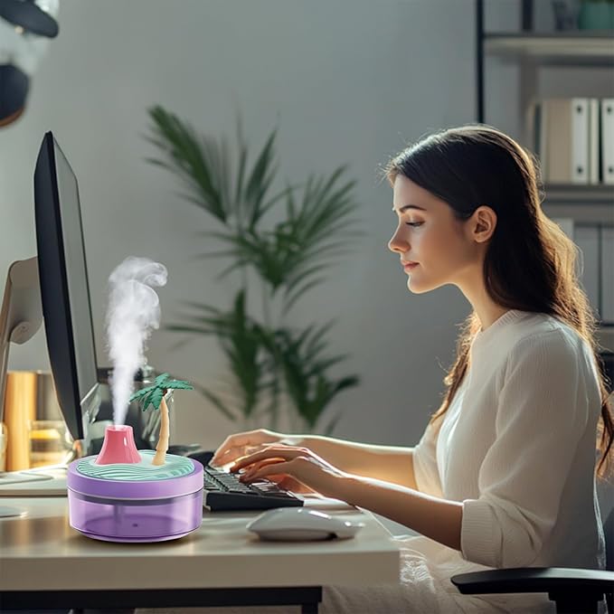 Cute Mini Humidifier 320mL Cool Mist Humidifie mute with 2 Mist Modes, for Home/Nursery/Office, Portable Mini Air Moisturizer,rechargeable mini humidifier(Coconut tree)