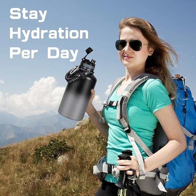 Insulated Water Bottle 64 oz, Half Gallon Water Jug Cold 48H, BPA Free Stainless Steel Bottles with Straw/Chug 2-in-1 Lid, Bag, Paracord Handle, Silicone Boot, Sports Gym School Metal Flask-FlexoryFit