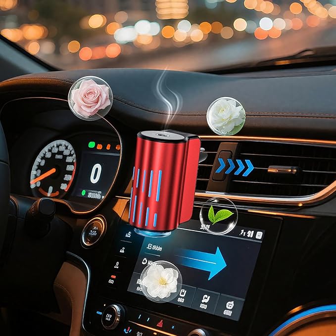 Smart Car Air Freshener, Portable Car Vents Aromatherapy,Car Diffuser Air Freshener with Three Adjustable Modes, Aromatizante para Carro, Car Diffuser with 3pcs Essential Oil(Red)