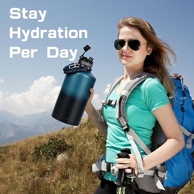 1 Gallon Water Bottle Insulated, Leak Proof 128 oz Stainless Steel Water Jug with Straw/Spout 2-in-1 Lid, Sleeve, Paracord Handle, Silicone Boot, One Gal Metal Canteen for Gym Sport Camping-FlexoryFit