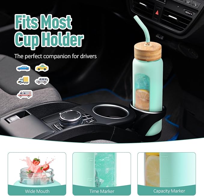 Kodrine Water Bottle with Straw, 24 oz Glass water Bottle with 2 Lids Bamboo Straw Lid and Spout Lid with Handle, 32 oz Clear Water Bottle Glass for Sports Travel, Waterbottle with Time Marker-FlexoryFit