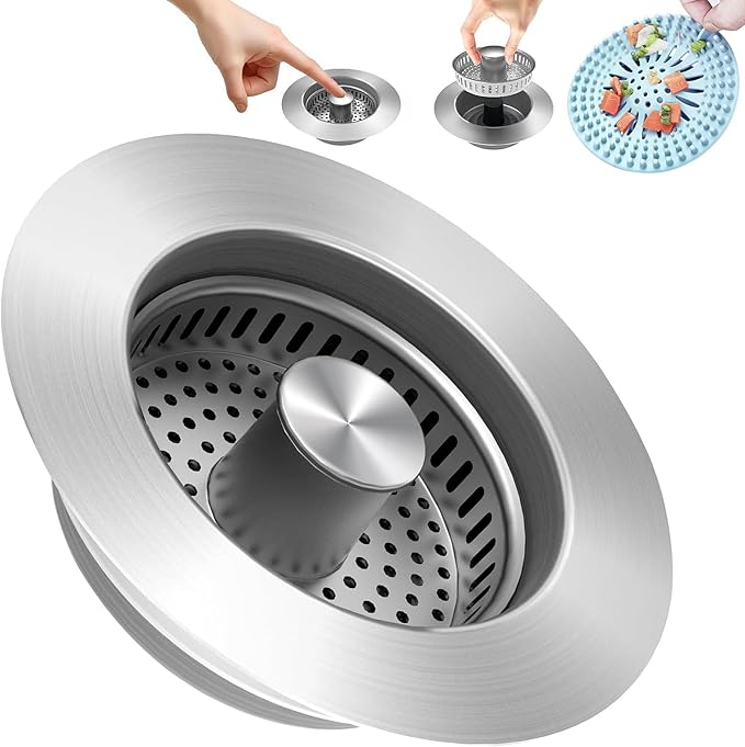 PROFECTUS 3 in 1 Kitchen Sink Drain Strainer and Stopper, 304 Stainless Steel Pop Up Sink Drain Stopper with Hair Catcher, Anti-Clog Sink Strainer for Standard 3-1/2” Kitchen Drains (SUS304 Brushed)