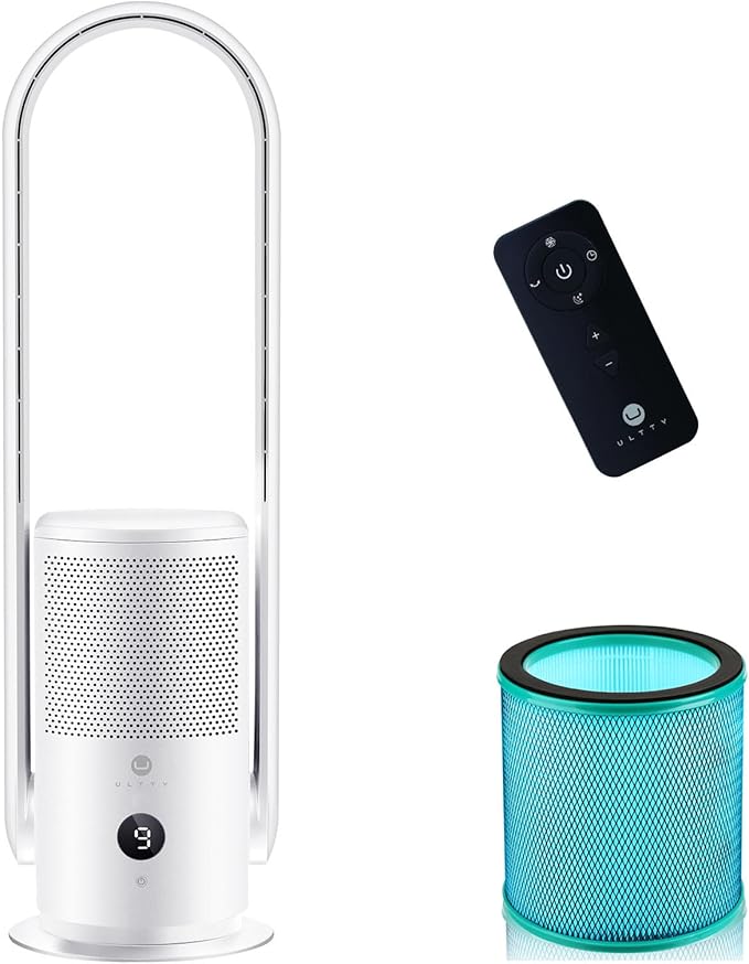 U ULTTY Bladeless Tower Fan and Air Purifier in one, True HEPA Filter 99.97% Smoke Dust Pollen Dander, Oscillating Tower Fan with Remote Control CR022D, White