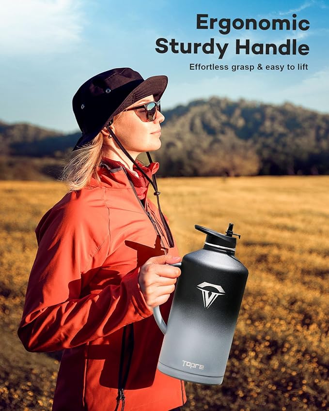128 oz Insulated Water Bottle with Straw and Lid, One Gallon Stainless Steel Cup with Handle,Leakproof Metal Travel Jug Flask Mug Tumbler Cup With Carry Pouch and Brush,Keep Cold & Hot,Grey-FlexoryFit