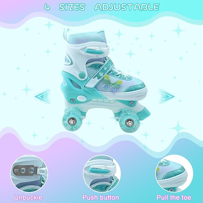 Kids Roller Skates for Girls-Outdoor 4 Size Adjustable Butterfly Quad Rollerskates for Indoor Ages 3-12 Years Beginners Children's Birthday Gift with Light Up Wheels patines para niñas Indoor-FlexoryFit