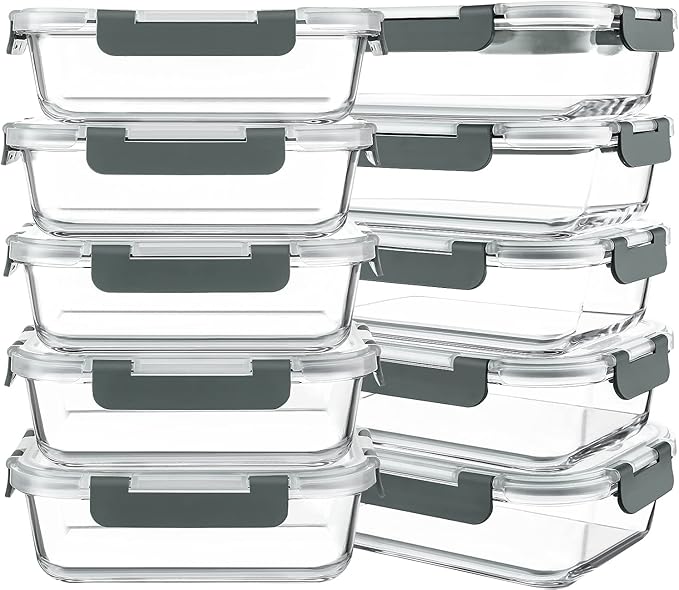 10 Packs 30 oz Glass Meal Prep Containers,Glass Food Storage Containers with Lids,Airtight Lunch Bento Boxes,Microwave,Freezer and Dishwasher,Gray-FlexoryFit
