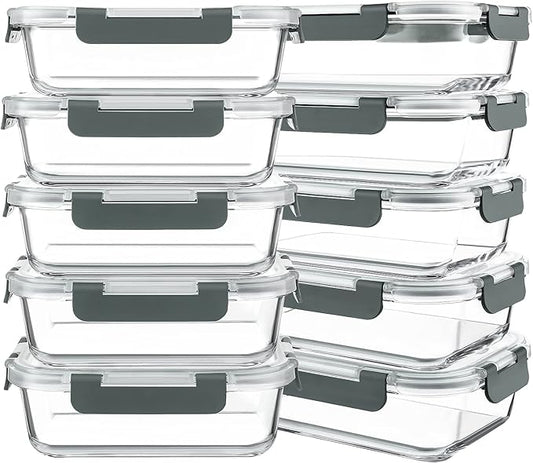 10 Packs 30 oz Glass Meal Prep Containers,Glass Food Storage Containers with Lids,Airtight Lunch Bento Boxes,Microwave,Freezer and Dishwasher,Gray-FlexoryFit