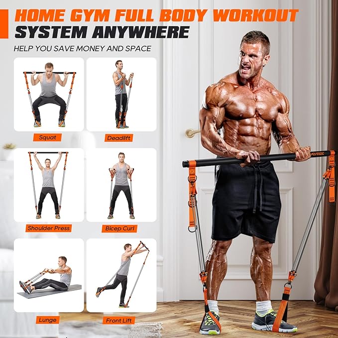 Pilates Bar Kit with Resistance Bands, Heavy Duty Pilates Equipment for Men, Strength Training Bar for Legs, Hip, Back, Arm, Abs, Chest, Shoulders, Portable Home Gym Full Body Workout Equipment-FlexoryFit