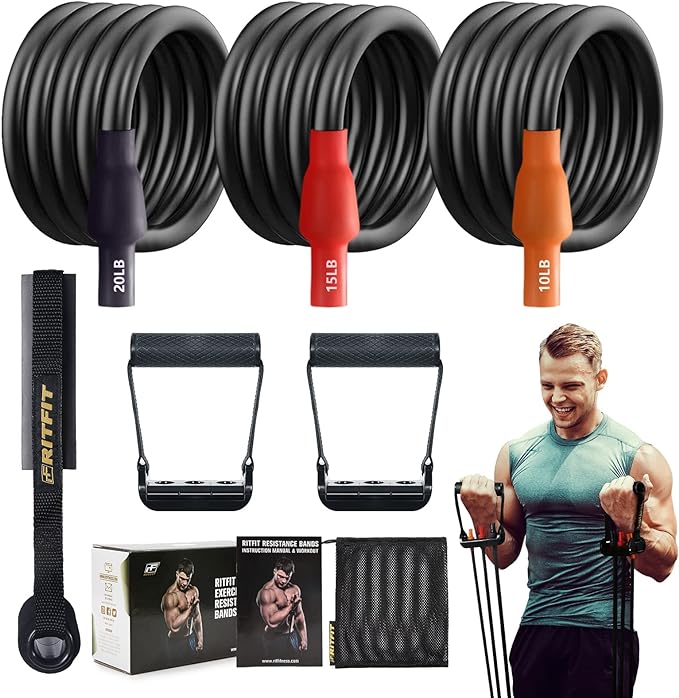RitFit Single Resistance Exercise Band with Comfortable Handles - Ideal for Physical Therapy, Strength Training, Muscle Toning - Door Anchor and Starter Guide Included-FlexoryFit