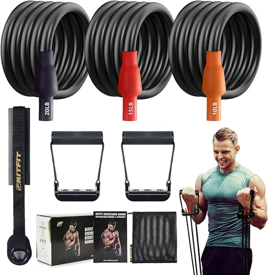 RitFit Single Resistance Exercise Band with Comfortable Handles - Ideal for Physical Therapy, Strength Training, Muscle Toning - Door Anchor and Starter Guide Included-FlexoryFit