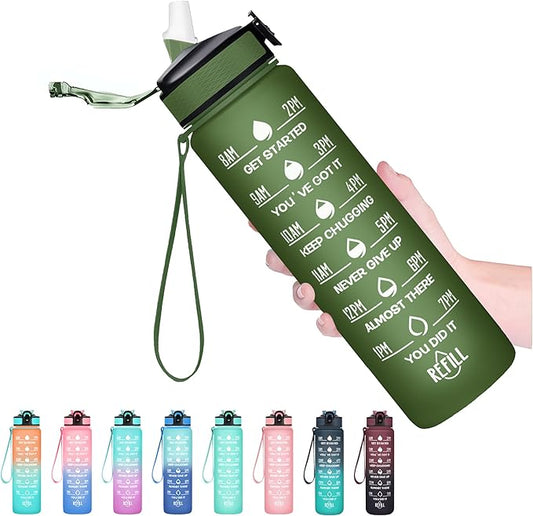 Hyeta 32 oz Water Bottles with Times to Drink and Straw, Motivational Water Bottle with Time Marker, Leakproof, Drinking Sports Water Bottle for Fitness, Gym and Outdoor-FlexoryFit