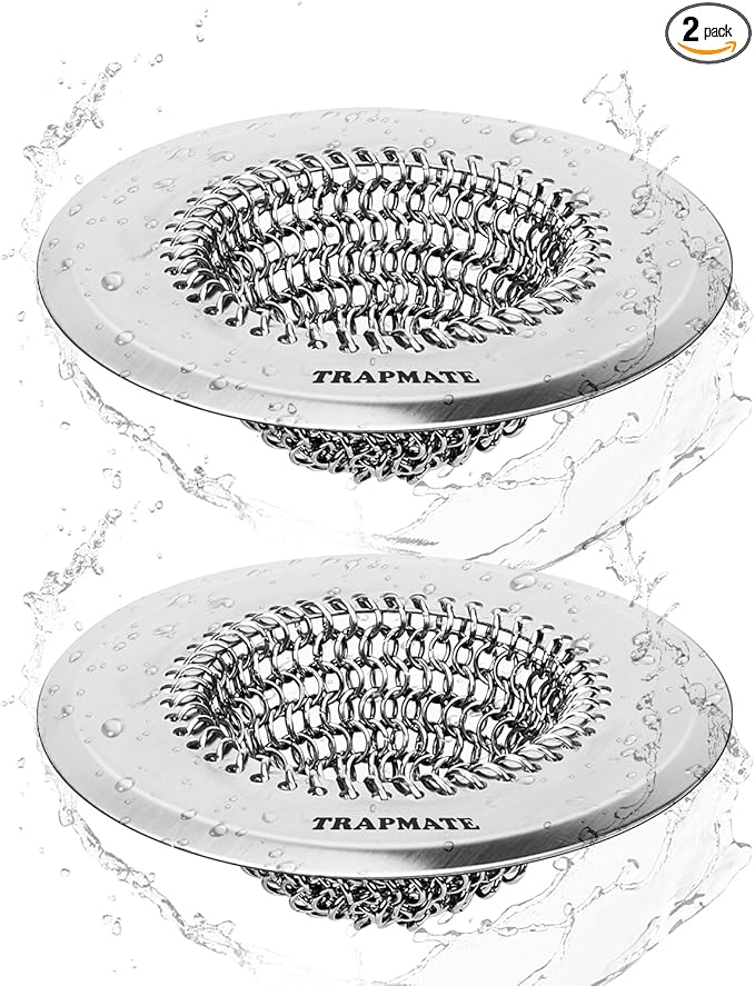 TRAPMATE 2 Pcs Kitchen Sink Strainer, Easy Clean Sink Drain Strainer, Anti-Rust Stainless Steel Sink Strainer, Anti-Clogging Strainer for Garbage Disposal, Dishwasher Safe (Patented Product)