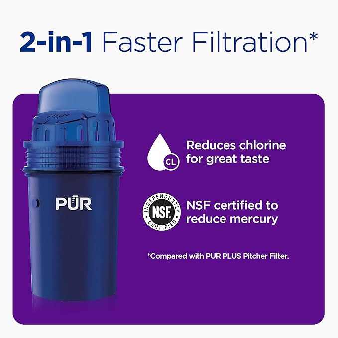PUR 7-Cup Water Pitcher, 1 Genuine Filter, Cleaner, Great-tasting Water, Dishwasher Safe, Powerful, Faster Filtration, LockFit Cap Design - White