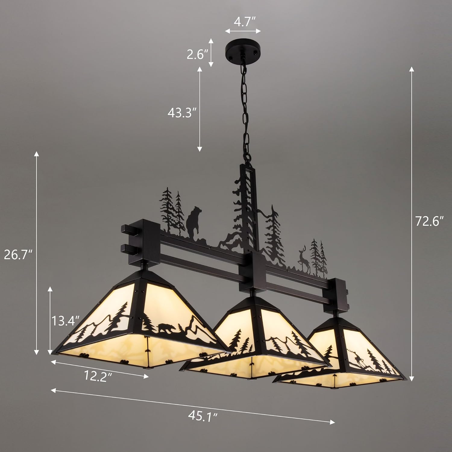 TOCHIC 45" Pool Table Light for 7' 8' Pool Table, 3 Lights Rustic Billiards Light Fixtures, Billiard Table Light Hanging Lighting Fixture for Snooker Game Room Cave Club Bar Dining Room Kitchen Island