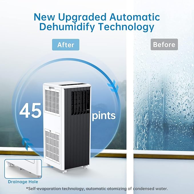 8000 BTU Portable Air Conditioner for Rooms up to 350 Sq. Ft, 3-in-1 Cooling, Dehumidifier & Fan with Quiet Operation, Efficient Cooling, Sleep Mode, 24-Hour Timer & Remote Control, Black & White