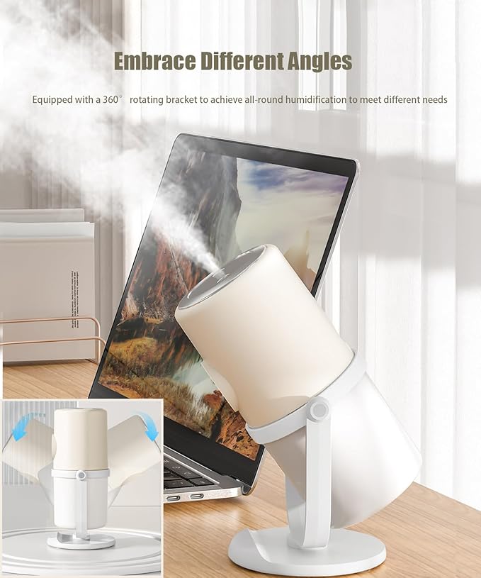 Portable Small Humidifier - Cold Mist Humidifier with 360° Rotating Stand, Stepless Dimming Warm Night Light, 2/8 H Timer Function, Mini humidifier for Bedroom, Plants, Office, and Car