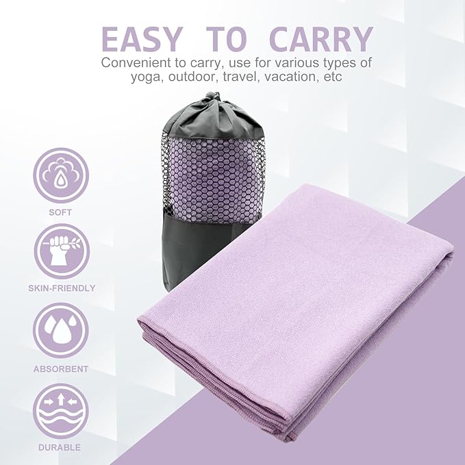 Eunzel Yoga Towel,Hot Yoga Mat Towel with Grip Dots Sweat Absorbent Non-Slip for Hot Yoga, Pilates and Workout 24" x72", Taro Purple-FlexoryFit