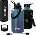 Travel Water Bottle with Carrying Bag, 3 Lids (Spout, Straw, Handle), and Bottle Brush; Leak Proof, Quality, Vacuum Insulated, Stainless Steel (Deep Water, 64 oz)