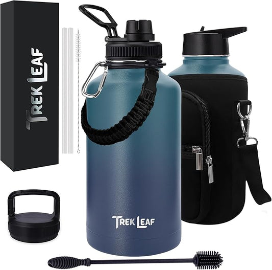 Travel Water Bottle with Carrying Bag, 3 Lids (Spout, Straw, Handle), and Bottle Brush; Leak Proof, Quality, Vacuum Insulated, Stainless Steel (Deep Water, 64 oz)