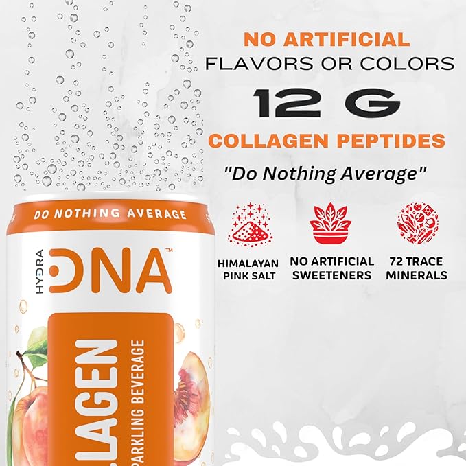 HYDRADNA- Sparkling Liquid Collagen Protein Water Drink Balanced Nutrients for Wellness - Sugar-Free - Keto-Friendly - No Gluten (12 Pack) Georgia Peach-FlexoryFit