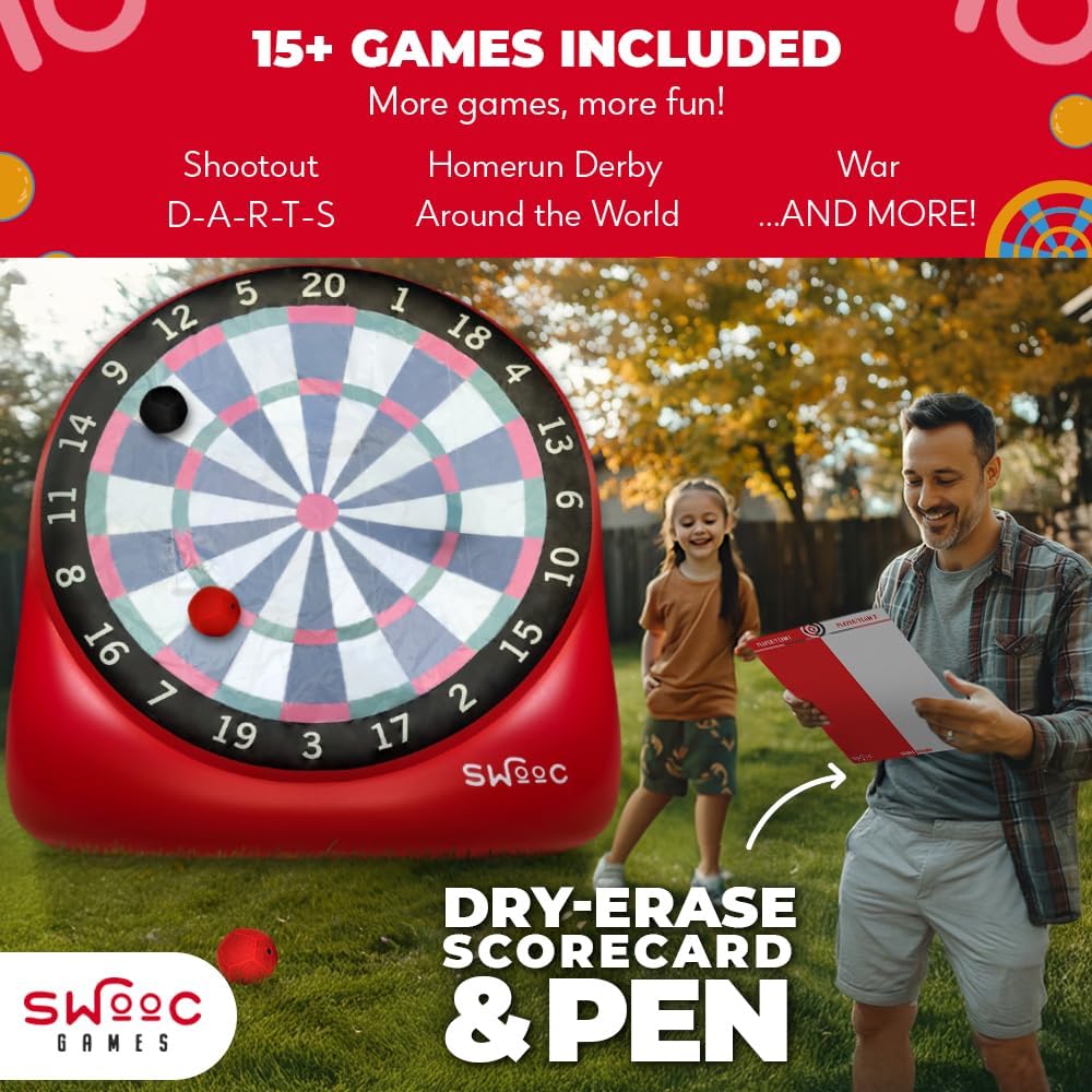 SWOOC Games - XL Giant Kick Darts (Over 8ft Tall) with 15+ Games Included - Jumbo Soccer Darts w/Air Pump - Big Inflatable Games - Carnival Games - Giant Outdoor Games & Activities - Giant Yard Games