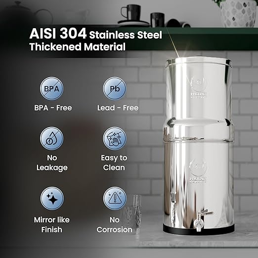 1.5 Gallons NSF Certified AISI 304 Stainless Steel Water Filter with 2 Smart Carbon (Black) Filters, 2 POSTreat Steel Fluoride Removal Elements, Free Steel Stand & Water Spigot
