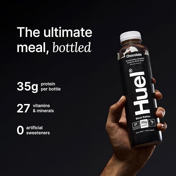 Huel Black Edition Ready-to-Drink, Chocolate Meal Replacement Drink, 35g High Protein, 27 Vitamins and Minerals, Vegan, Gluten Free, Plant Based, High Fiber, Low Sugar, 16.9 Fl Oz (12 Pack)-FlexoryFit