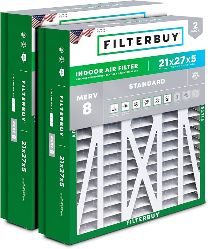 Filterbuy 21x27x5 Air Filter MERV 8 Dust Defense (2-Pack), Pleated HVAC AC Furnace Air Filters Replacement for Trane Perfect Fit & American Standard (Actual Size: 20.56 x 26.13 x 4.97 Inches)