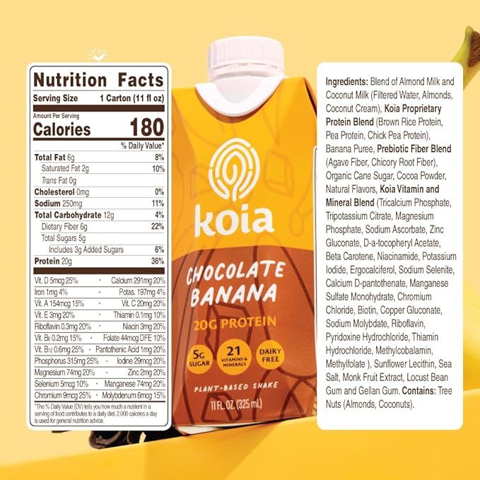 Koia Plant Based Protein Shake, Chocolate Banana, 20g Protein, 5g Sugar, 6g Prebiotic Fiber, 21 Vitamins & Minerals, Meal Replacement Drinks, Dairy-Free, Gluten-Free, Non-GMO, 11 Fl Oz (Pack of 12)-FlexoryFit
